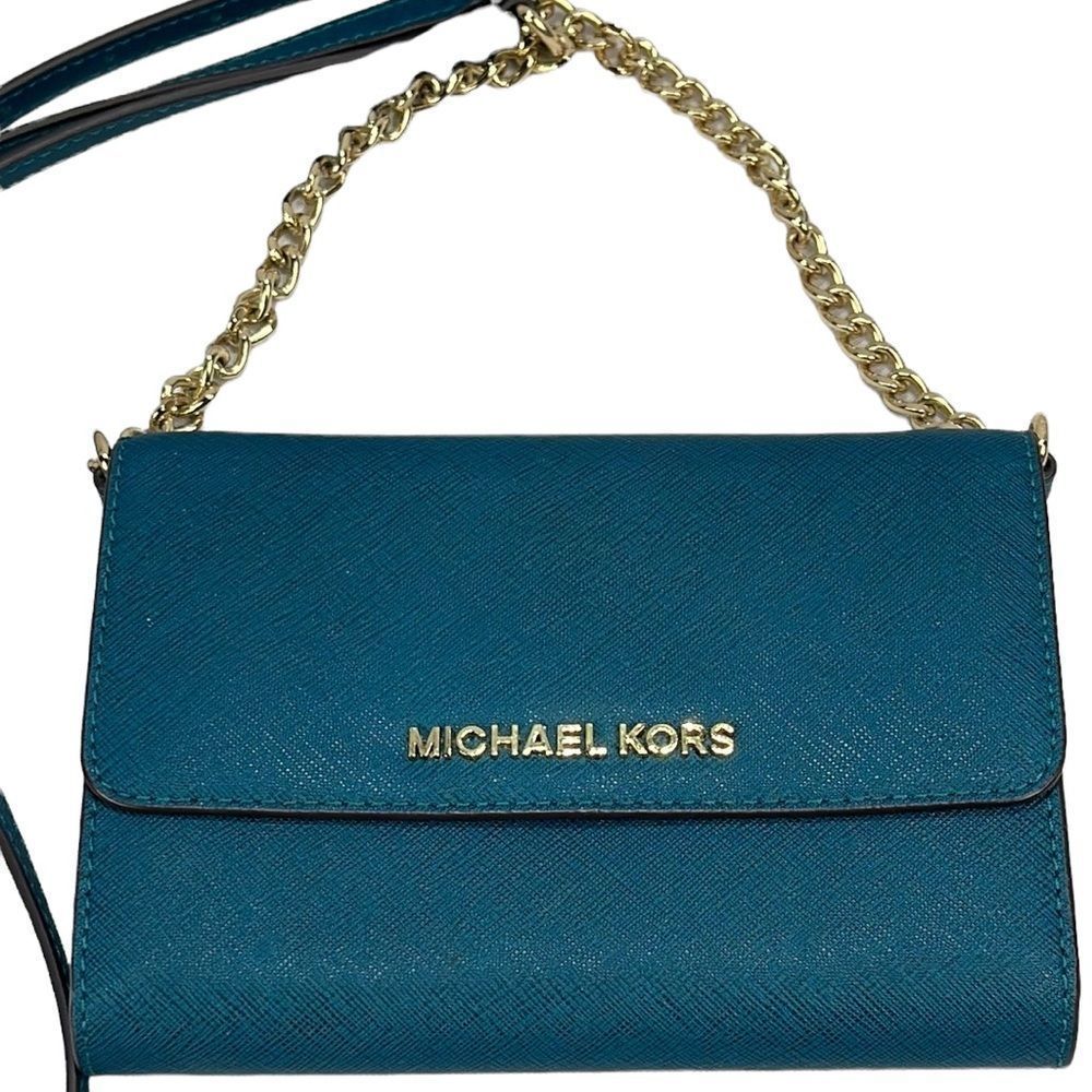 Michael Kors Jet Set Cross Body Wallet Cross Body Bag Purse Blue / Green Chain